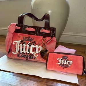 Y2K Peach Juicy Couture Velour Bag and Wallet Set